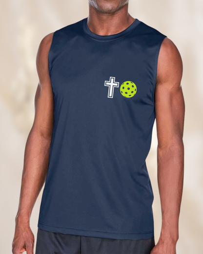 Men’s navy blue sleeveless pickleball performance shirt featuring a cross and pickleball graphic on the left chest.