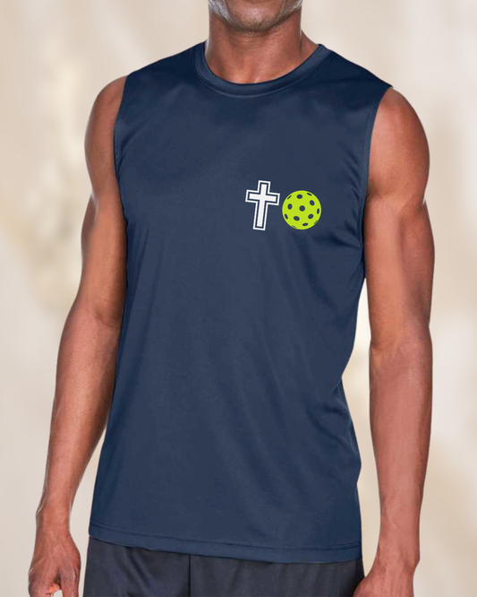Men’s navy blue sleeveless pickleball performance shirt featuring a cross and pickleball graphic on the left chest.
