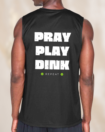Back view of a men’s black sleeveless pickleball performance shirt featuring the bold phrase “Pray Play Dink Repeat” with pickleball graphics.