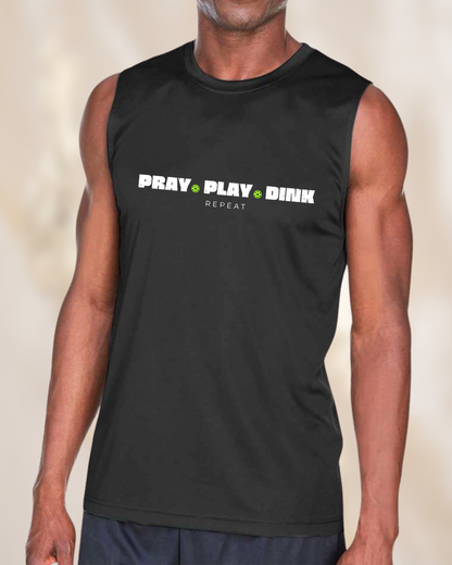 Men’s black sleeveless pickleball performance shirt featuring the phrase “Pray Play Dink Repeat” with pickleball graphics on the front.