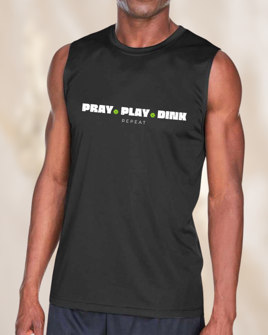 Men’s black sleeveless pickleball performance shirt featuring the phrase “Pray Play Dink Repeat” with pickleball graphics on the front.
