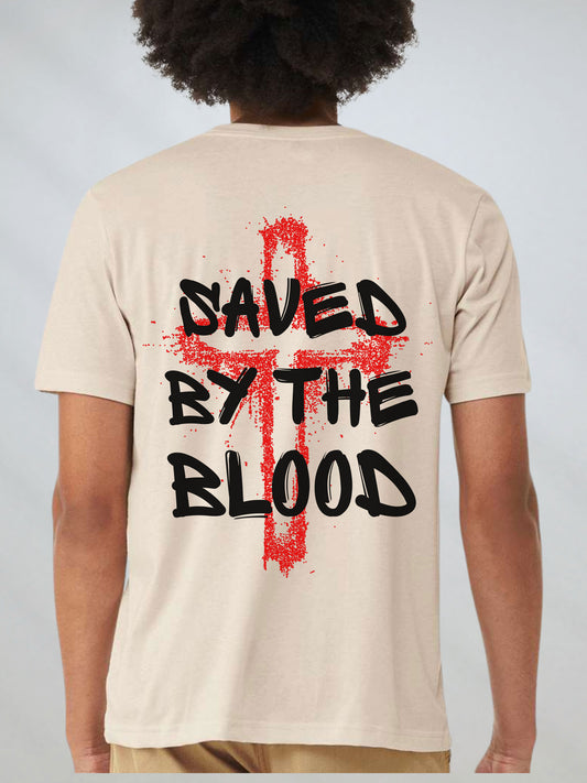 Back view of the Saved by the Blood Christian T-Shirt with red cross and bold lettering