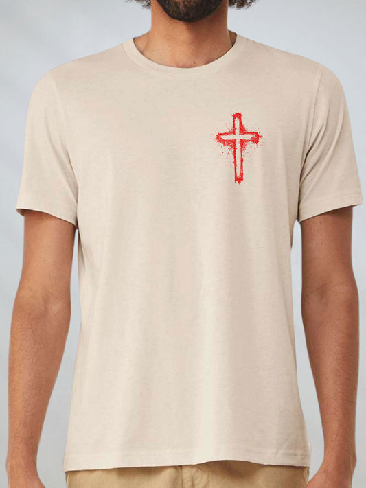 Front view of the Saved by the Blood Christian T-Shirt in Dust color showing red cross design