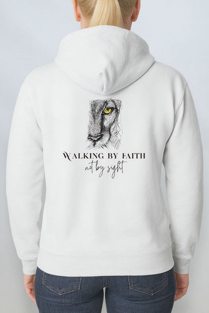 Back of white hoodie featuring detailed lion artwork and ‘Walking by Faith Not by Sight’ Christian design.