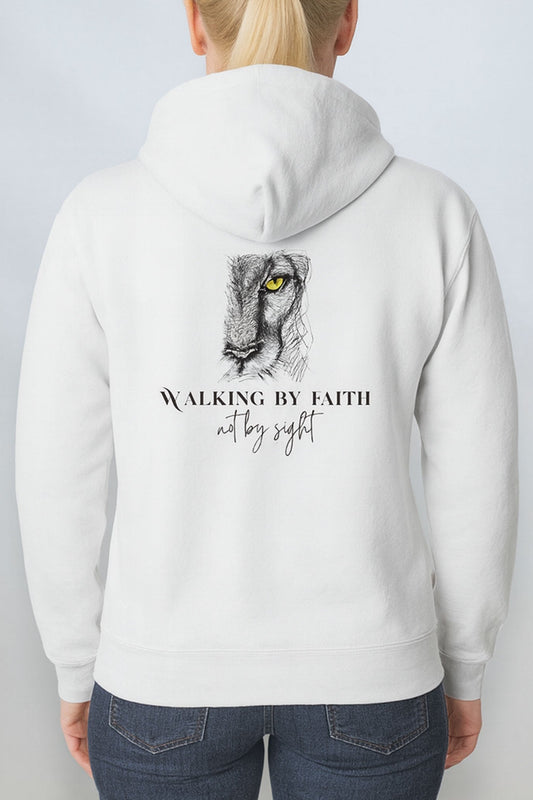 Back of white hoodie featuring detailed lion artwork and ‘Walking by Faith Not by Sight’ Christian design.