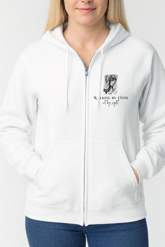 White full-zip hoodie with lion illustration and ‘Walking by Faith Not by Sight’ small front design