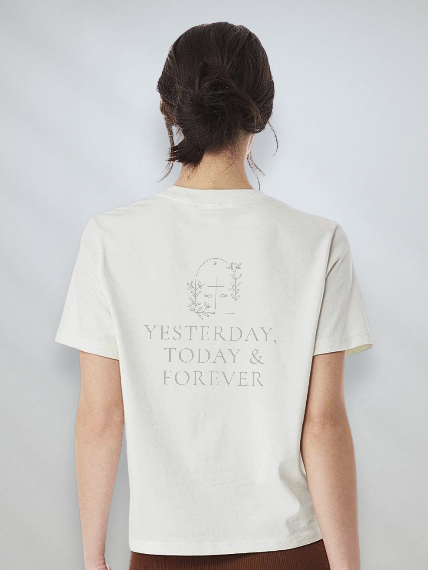 Women’s Vintage White heavyweight Christian t-shirt with the message “Yesterday, Today & Forever” inspired by Hebrews 13:8 on the back.