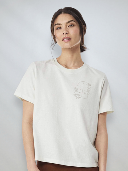 Women’s Vintage White heavyweight Christian t-shirt featuring a minimalist faith-inspired design on the front.